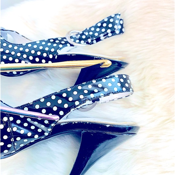 👠RARE VINTAGE SLEEK PINUP Black/White PolkaDot PeepToe SlingBack Stilettos 1950 - Picture 11 of 16